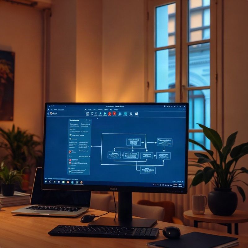 Espacio de trabajo con diagrama de automatización en pantalla índigo